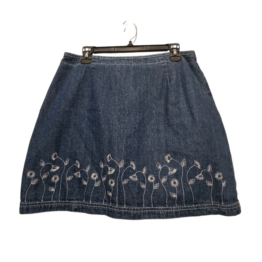 Vtg 90s Y2K Floral Embroidery Denim Skirt Womens 15/16 Dark Wash Boho Festival